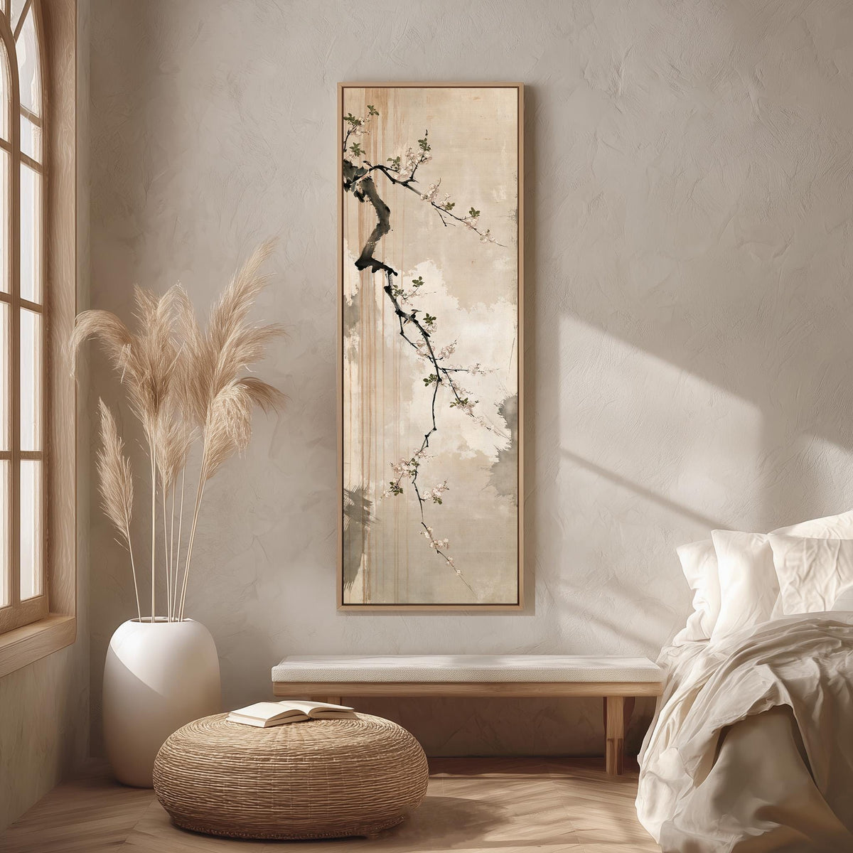 Small birds on a cherry blossom branch long vertical canvas print in a bright reading corner
