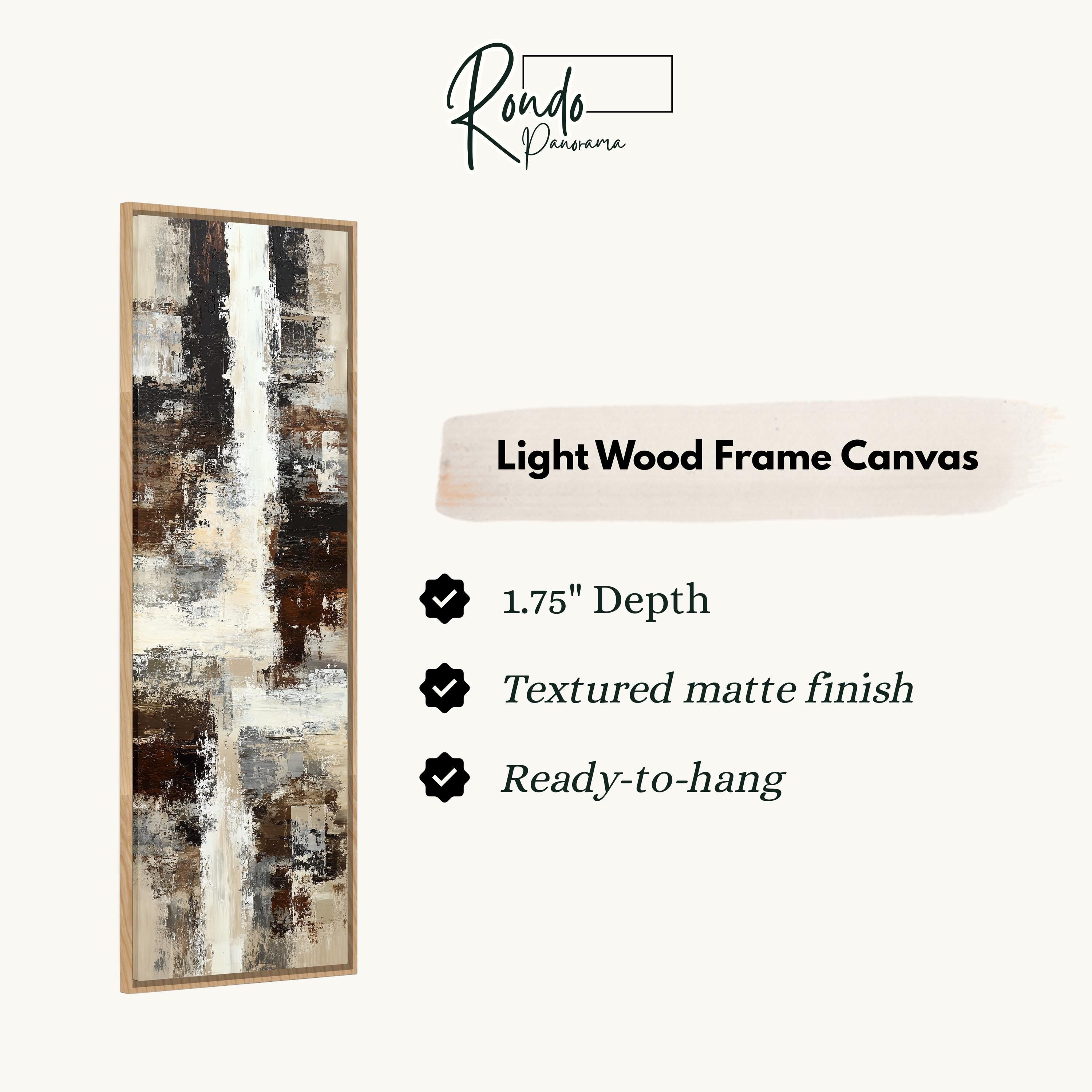 The image is a product advertisement for a light wood frame canvas. It features a large abstract painting with a 1.75" depth and a textured matte finish. The canvas is ready to hang.
