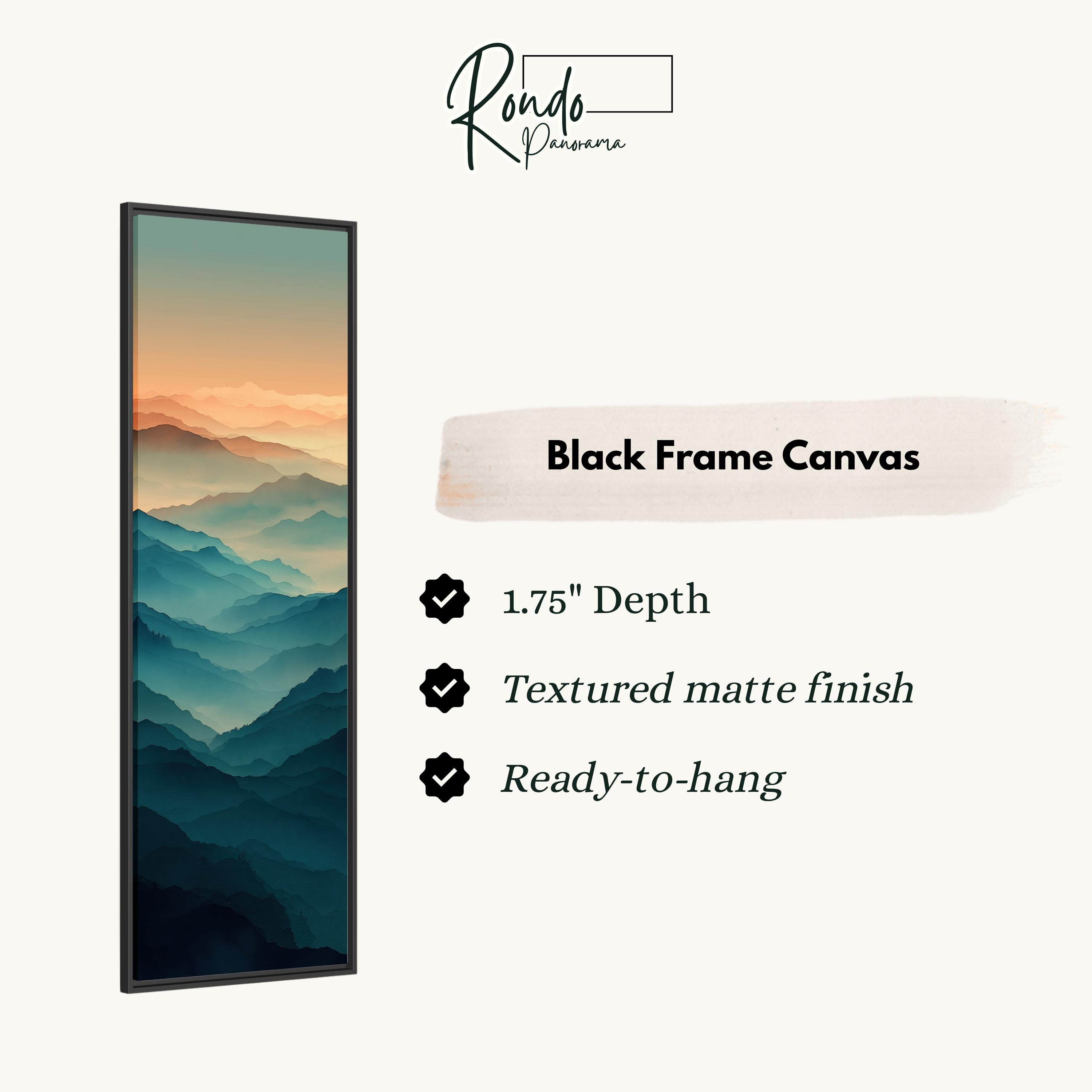 The image is a black frame canvas depicting a mountainous landscape with a gradient of colors, including shades of blue, green, and orange.