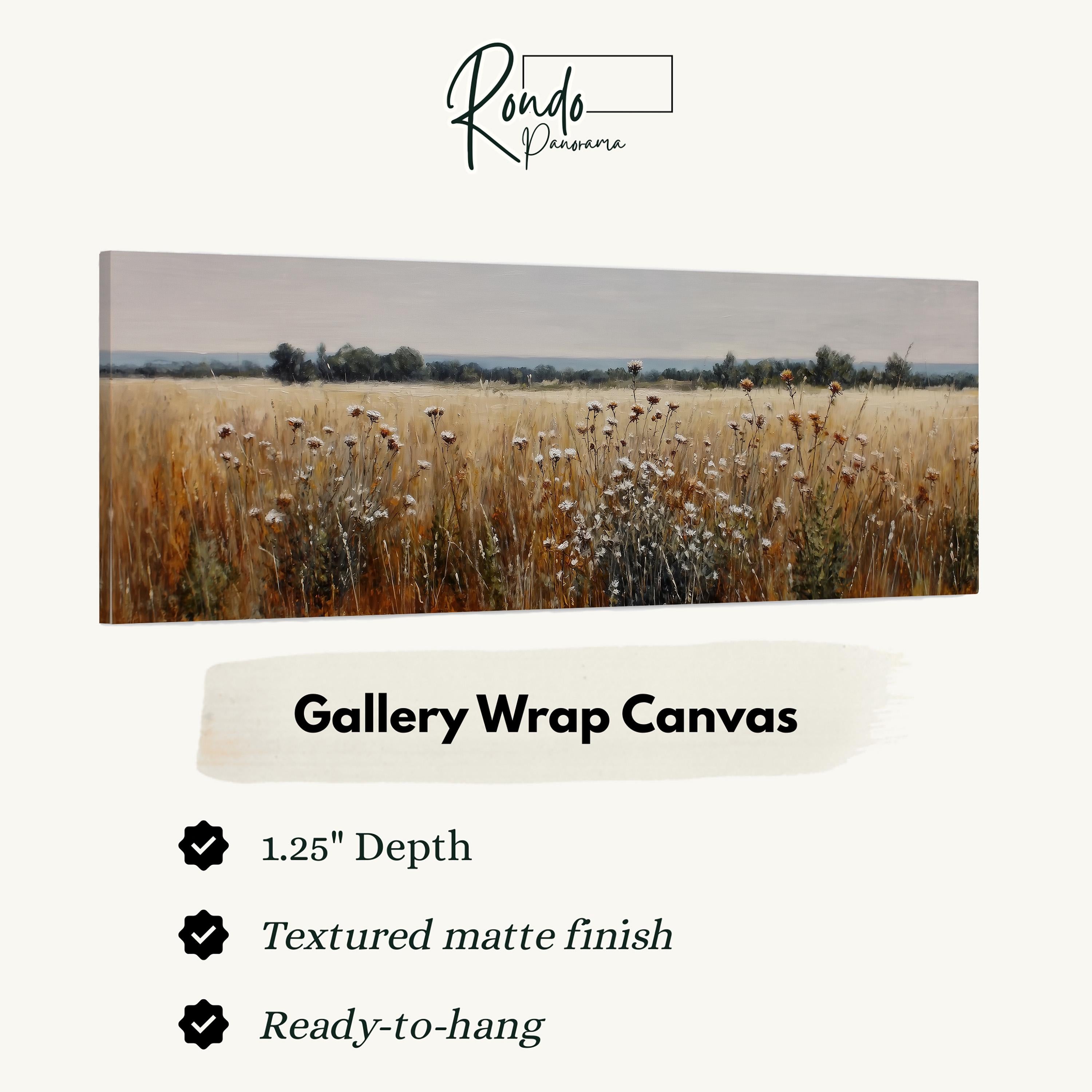 The image is a gallery wrap canvas featuring a field of tall grass with flowers.