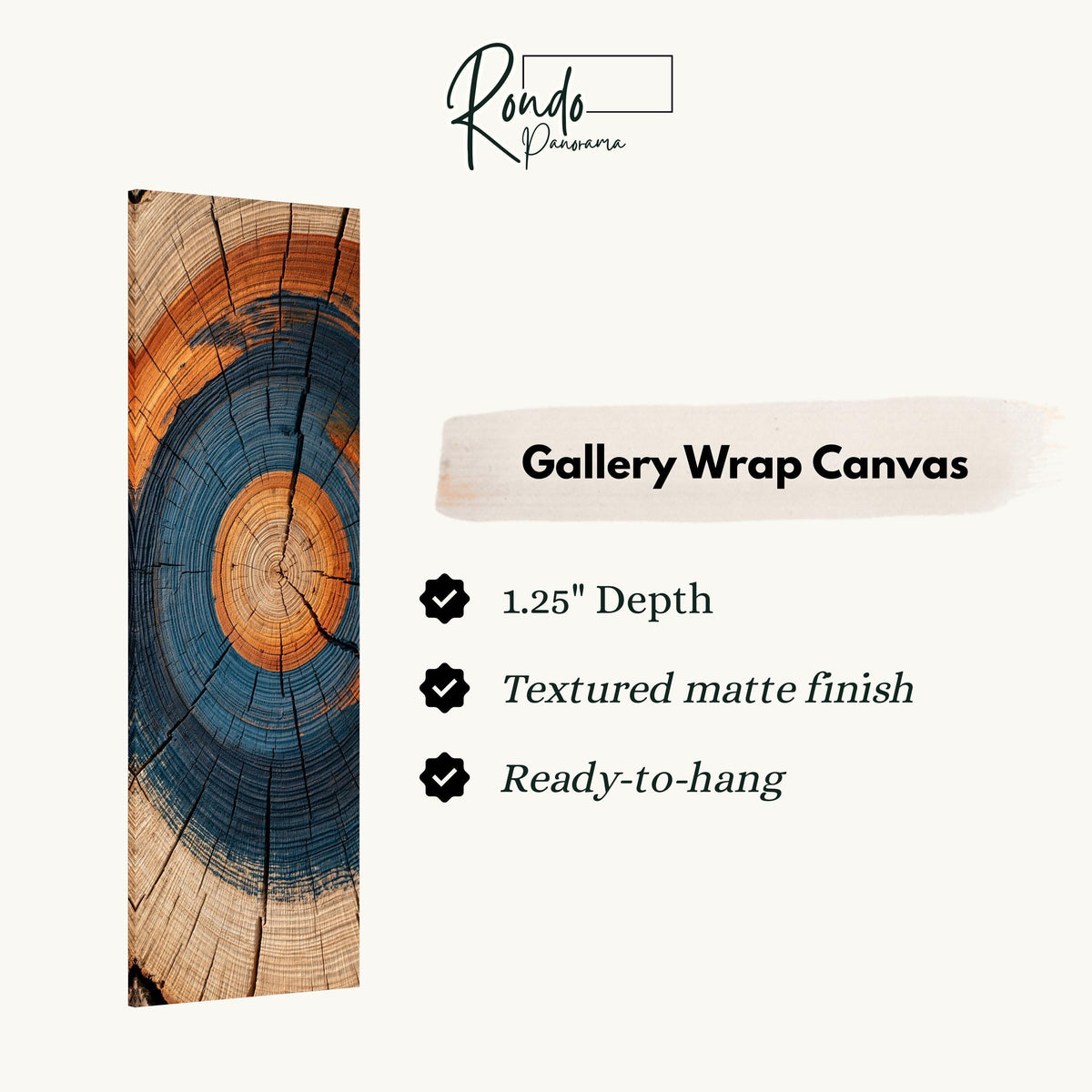 Blue and orange tree ring gallery wrap canvas with the image wrapped around the edges