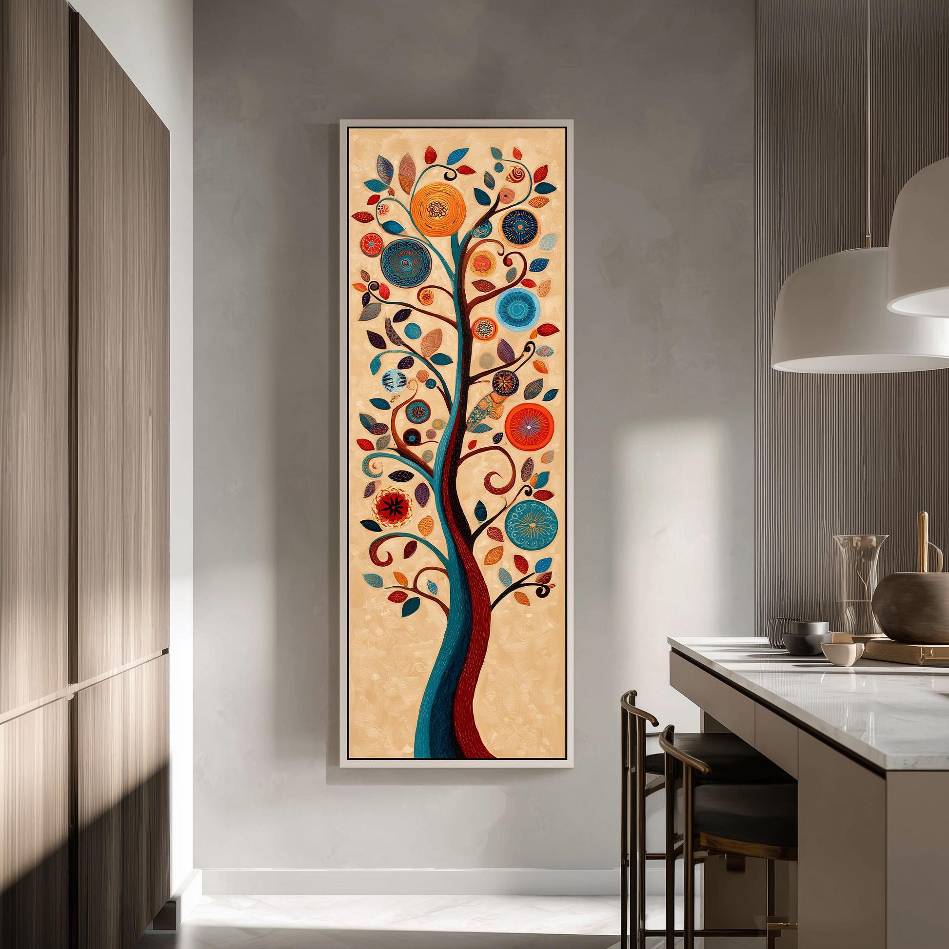 a large, colorful painting of a tree hanging on a wall in a modern kitchen.