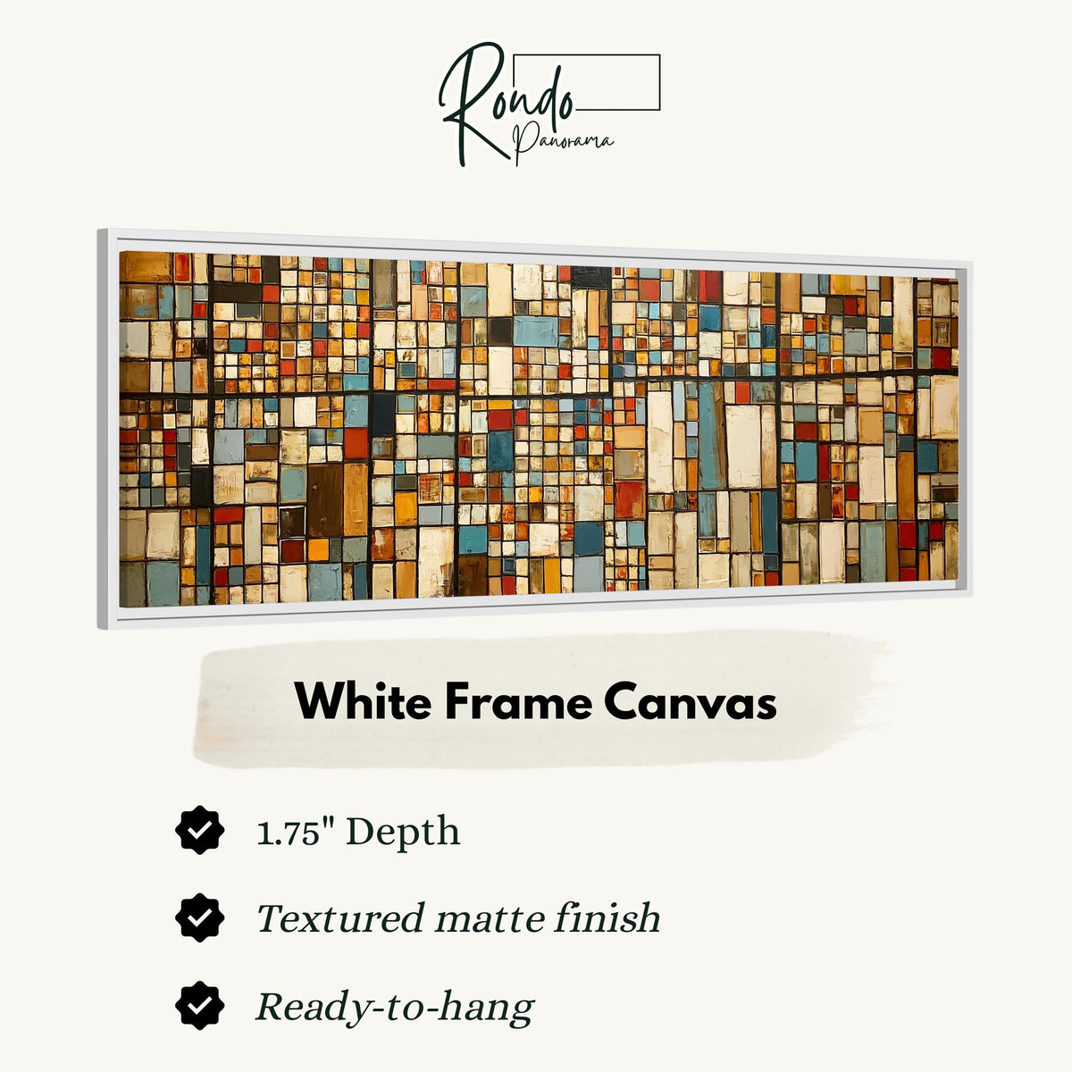 Earth tone mosaic grid in blue and ochre canvas print in a white floating frame