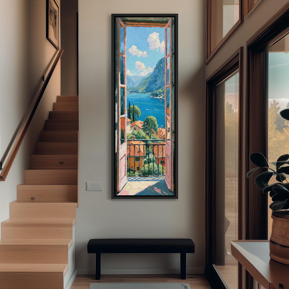 Italian lake view from an open balcony door tall narrow canvas print beside a staircase in an entryway