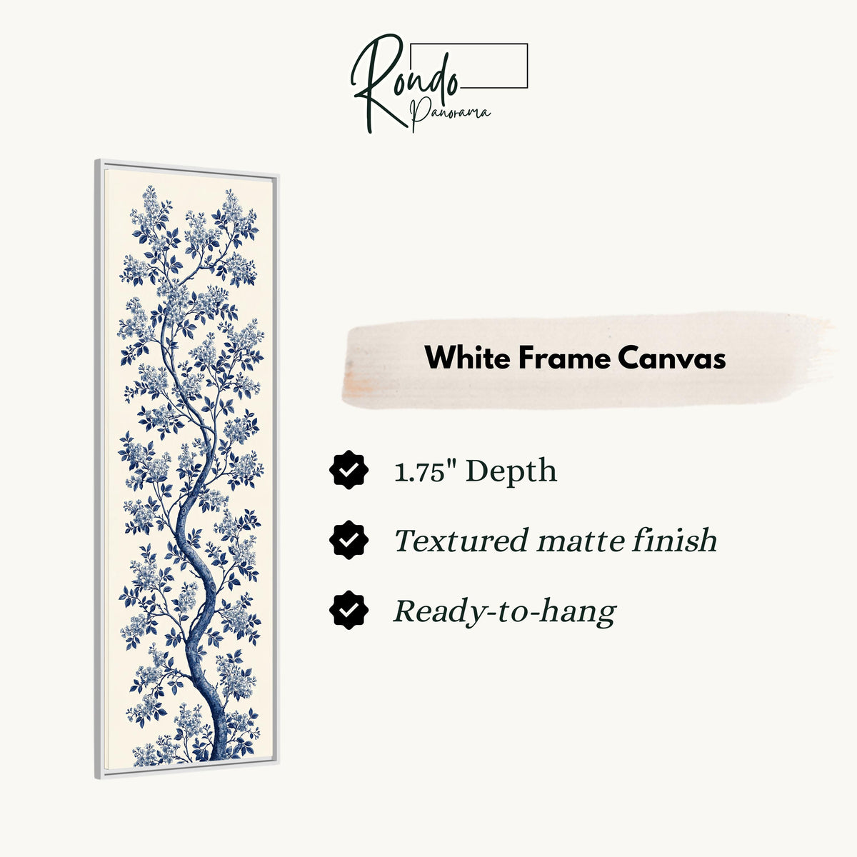 Blue chinoiserie blossom branch on cream canvas print in a white floating frame