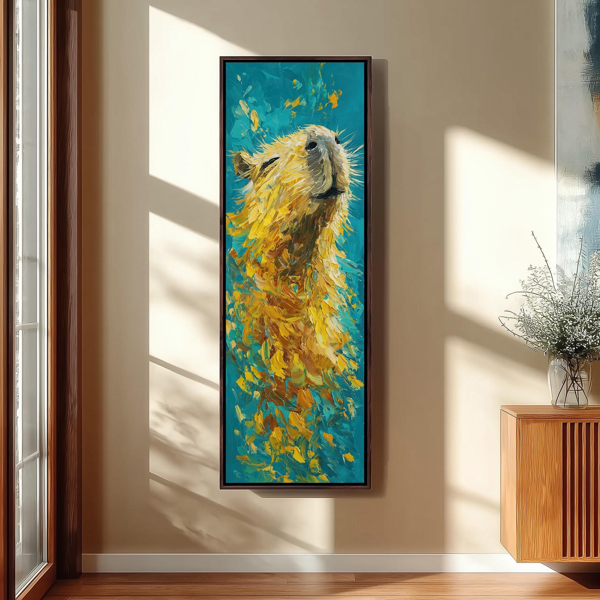 a large, vibrant painting of a beaver's head hanging on a wall in a room with a wooden cabinet and a vase of flowers.