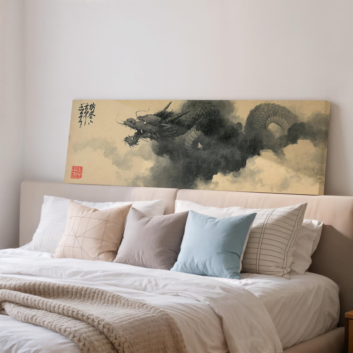 Ink dragon in the clouds wide panoramic canvas print above a bed in a bedroom