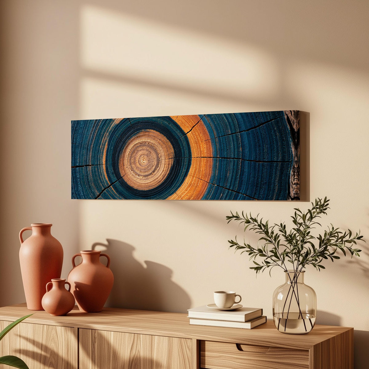 Teal and orange tree ring long horizontal canvas print above a wooden sideboard