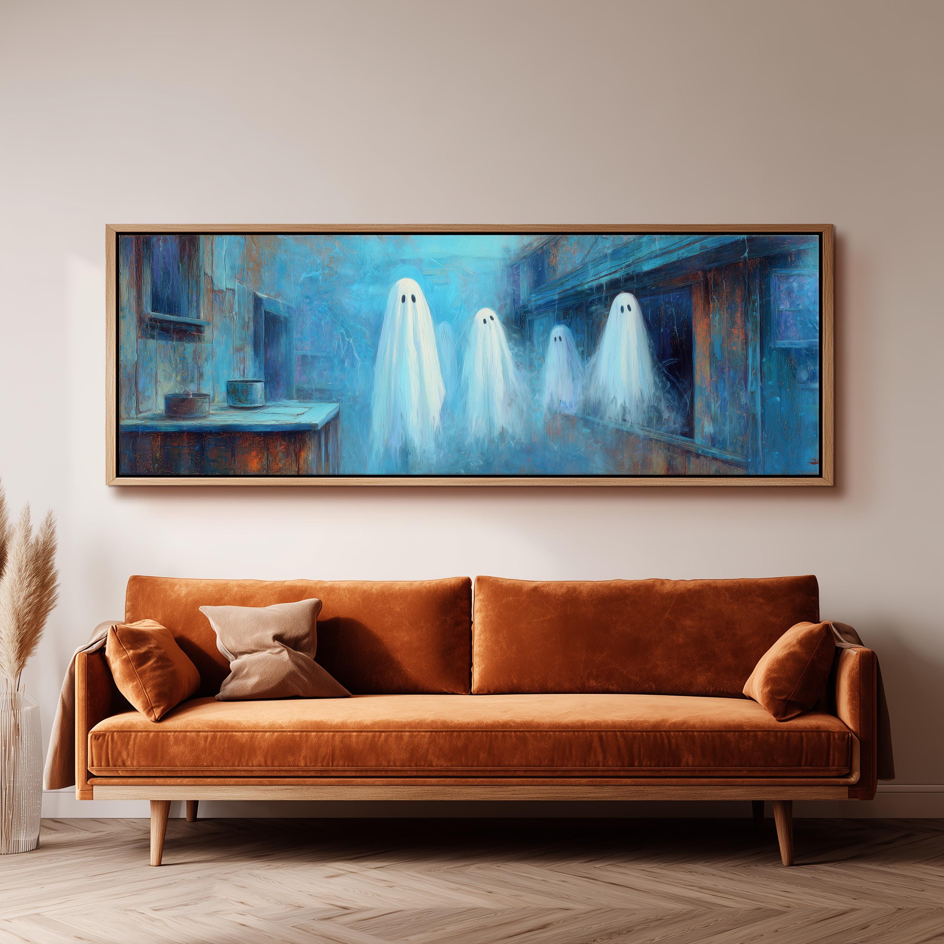 a large painting of three ghostly figures floating in a blue and orange background, hanging on a wall above a brown sofa.