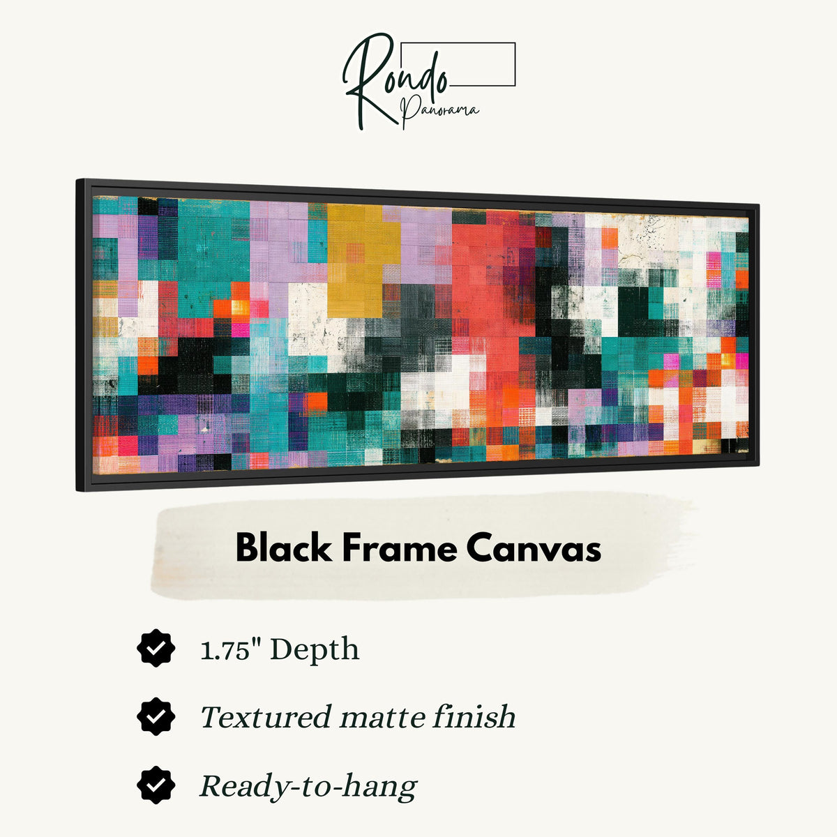 Teal and coral patchwork color blocks canvas print in a black floating frame