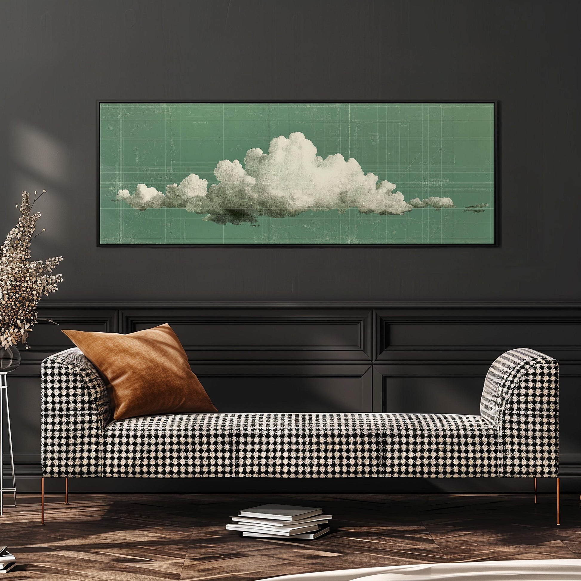 a black and white checkered sofa with a brown throw pillow, set against a dark wall with a framed picture of a cloud hanging above it.
