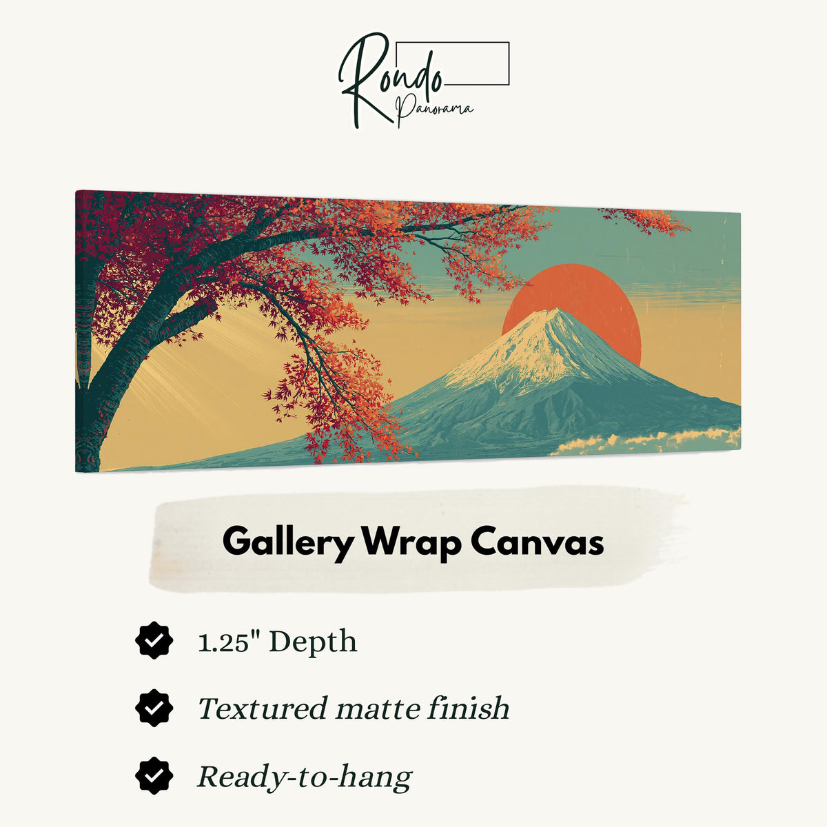 Autumn maple branch and Mount Fuji at sunset gallery wrap canvas with the image wrapped around the edges