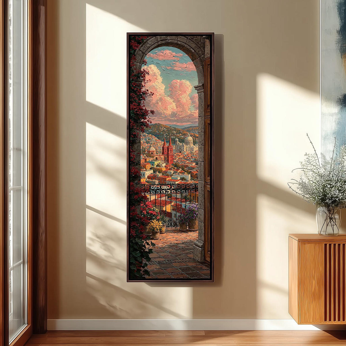Colorful city view from a flowered balcony arch long vertical canvas print in a sunlit living space