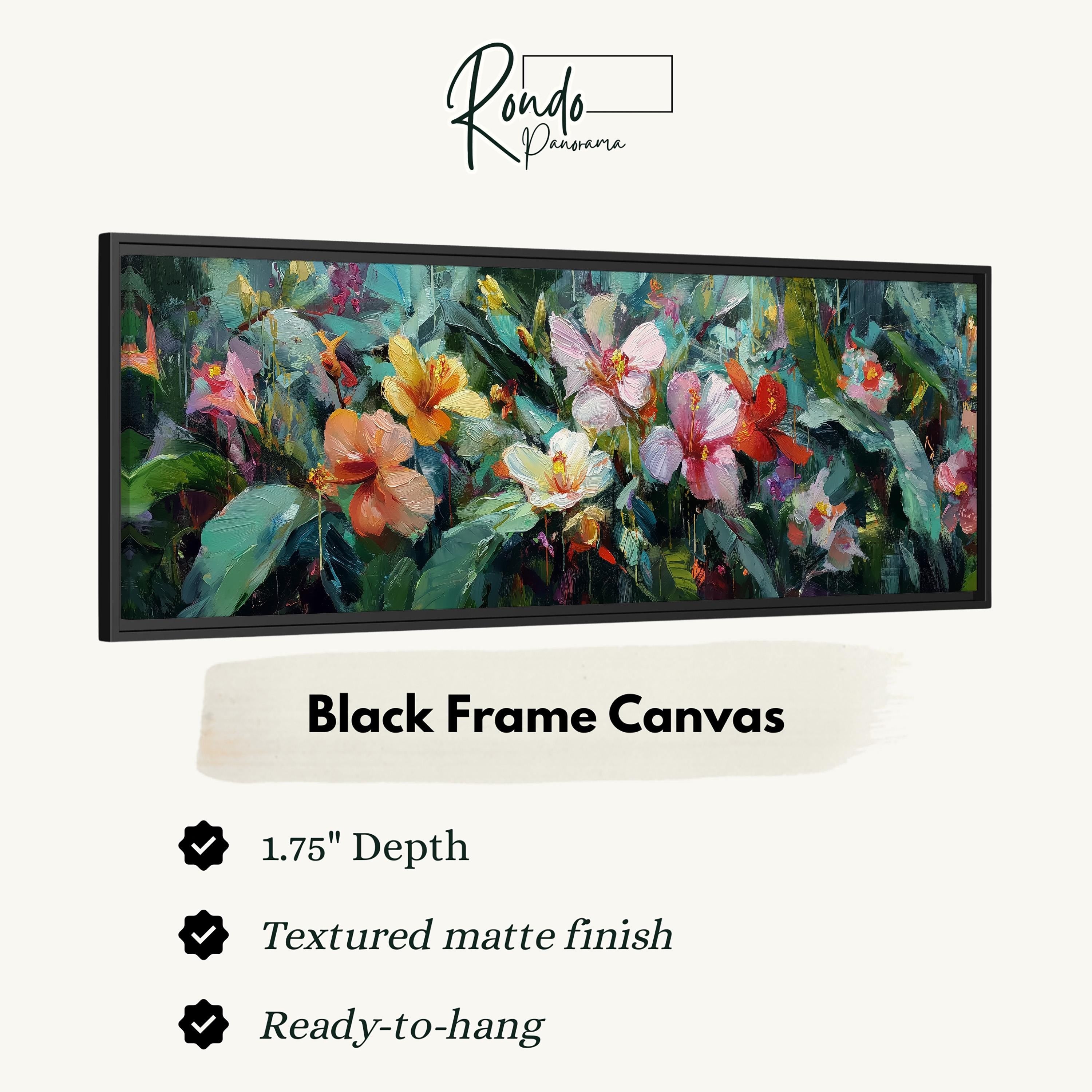 The image is a black frame canvas featuring a vibrant painting of colorful flowers.