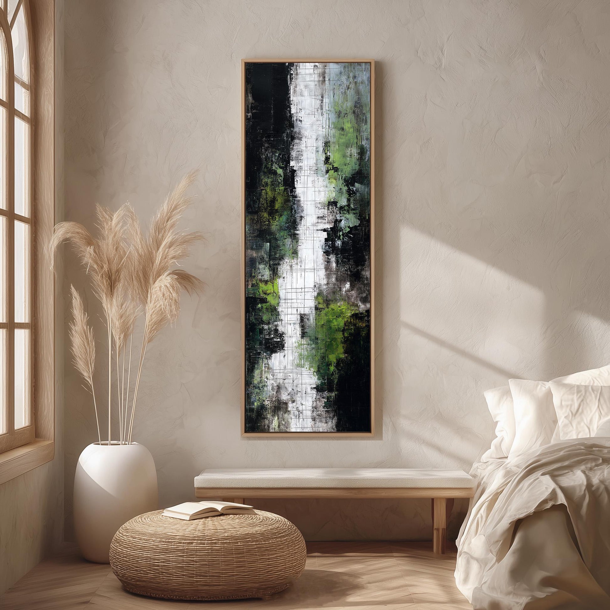 a serene and modern bedroom with a large abstract painting hanging on the wall, a white bed with a white pillow, a white vase with tall potted plants, and a woven ottoman.