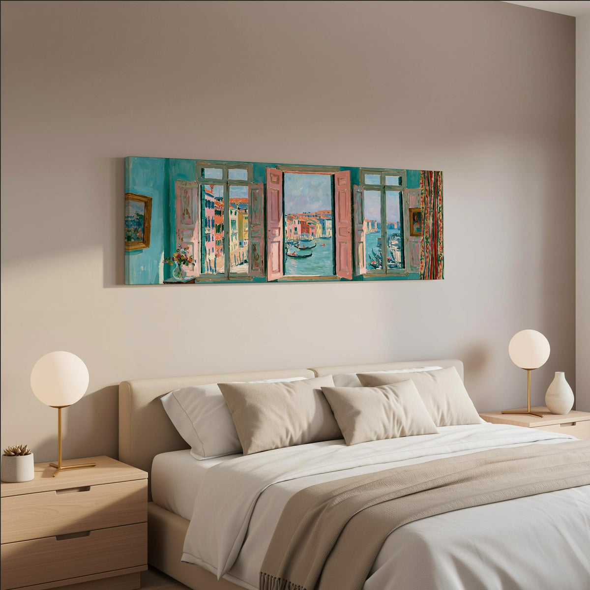 Venice canal and gondolas through a window wide panoramic canvas print above a bed in a neutral bedroom