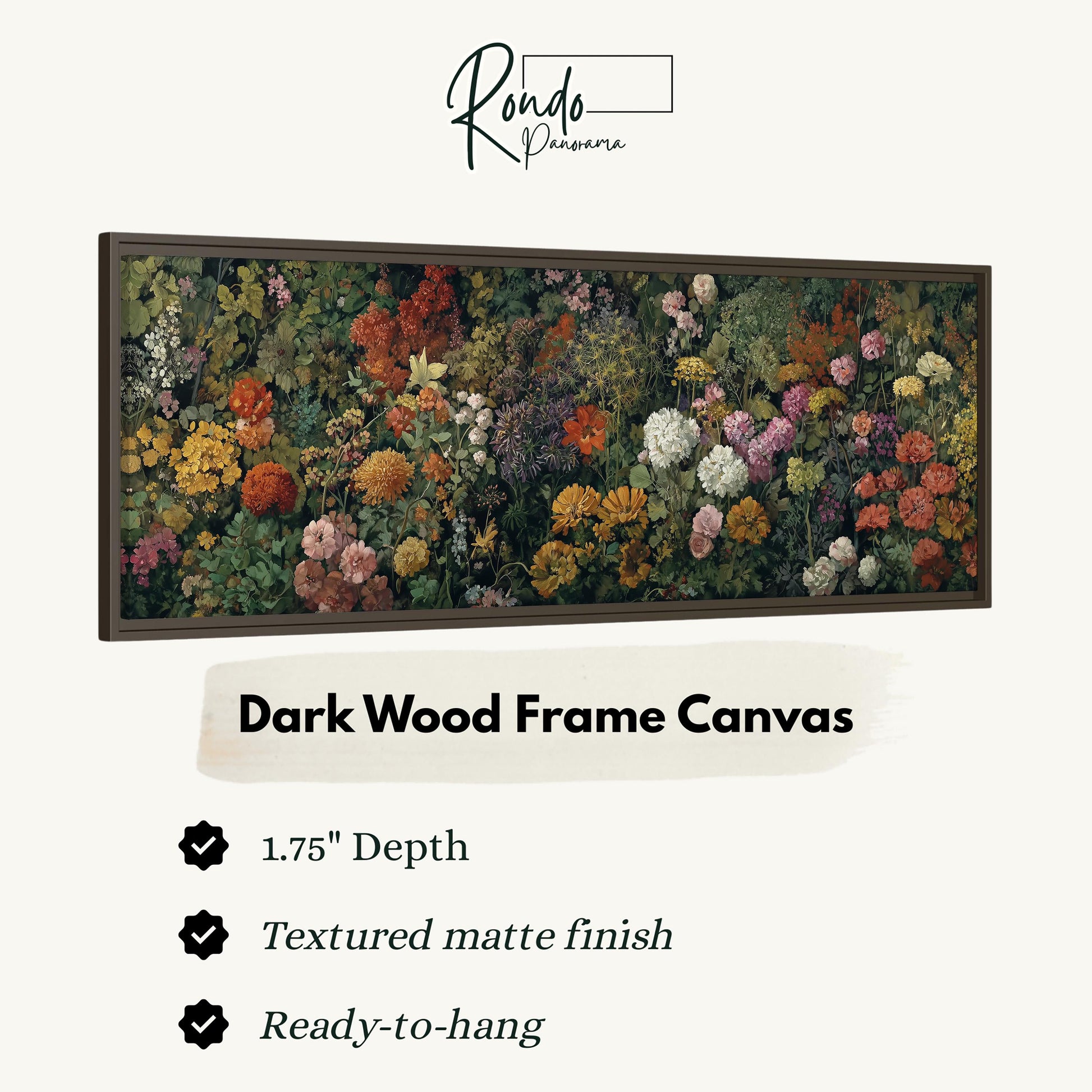 The image is a framed canvas depicting a lush, colorful garden with various flowers and foliage.
