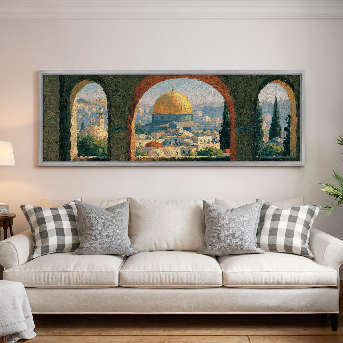 Dome of the Rock seen through stone arches panoramic canvas print above a white sofa in a bright living room
