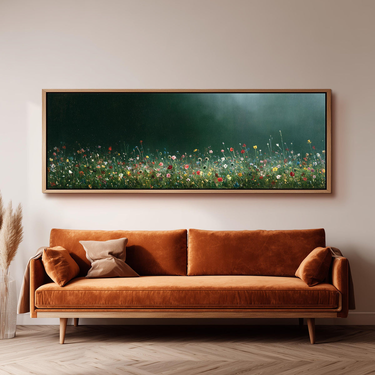 Wildflower field under a misty teal sky panoramic canvas print above a sofa in a living room