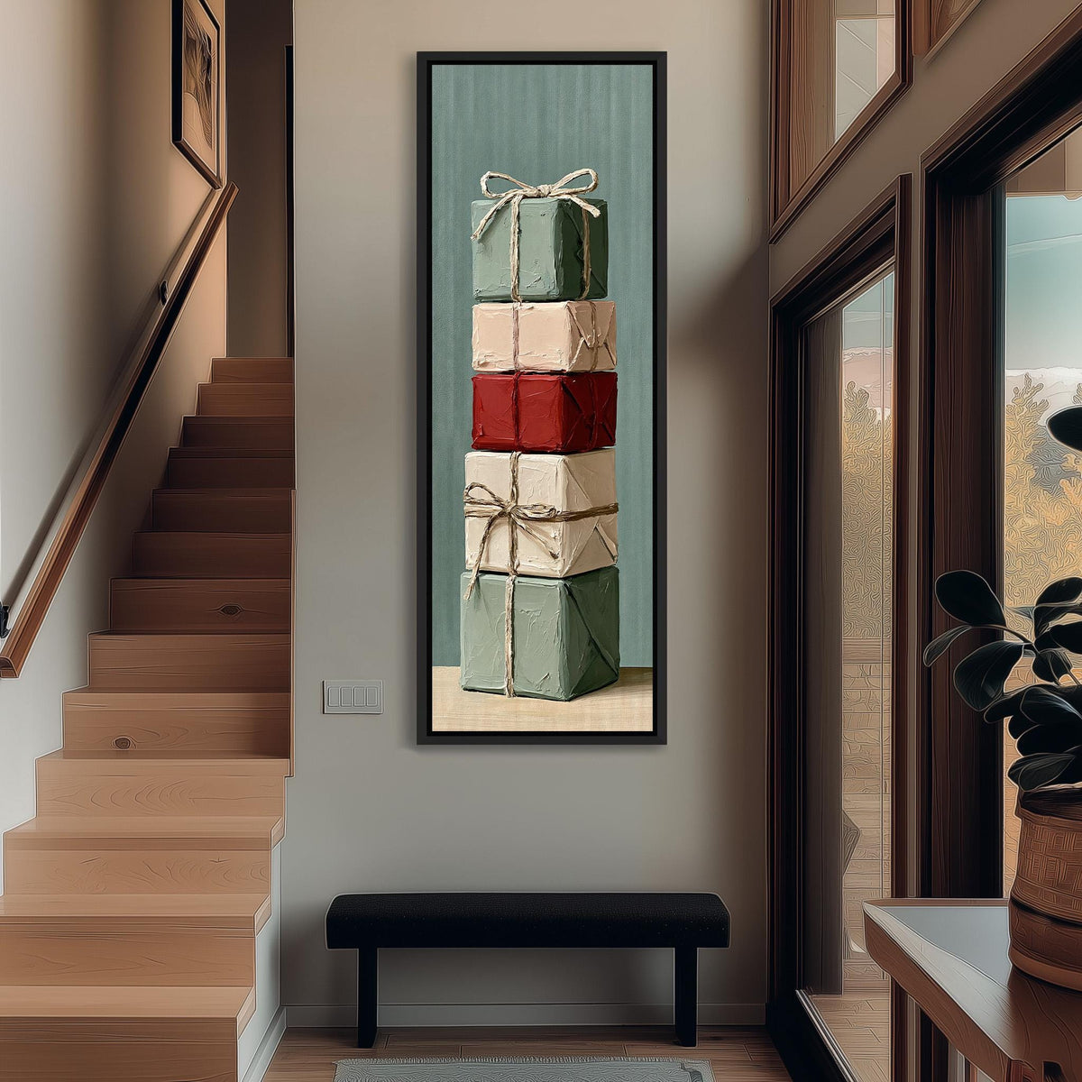 Stack of gifts tied with twine long vertical canvas print in a bright reading corner