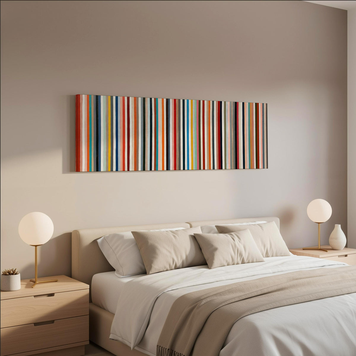 Rainbow pinstripes wide panoramic canvas print above a bed in a neutral bedroom