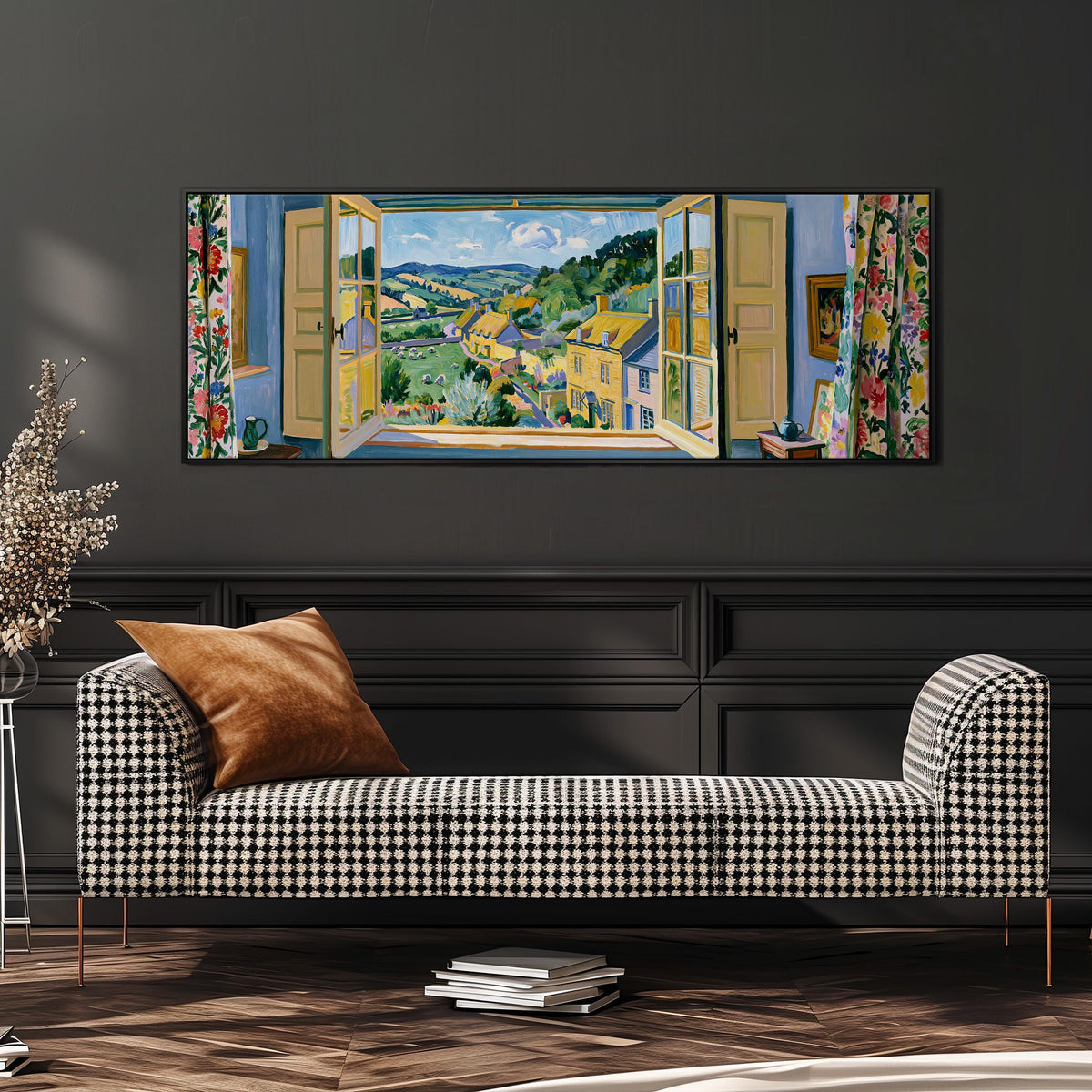 English countryside village through a window wide panoramic canvas print above a bench in a dark living room