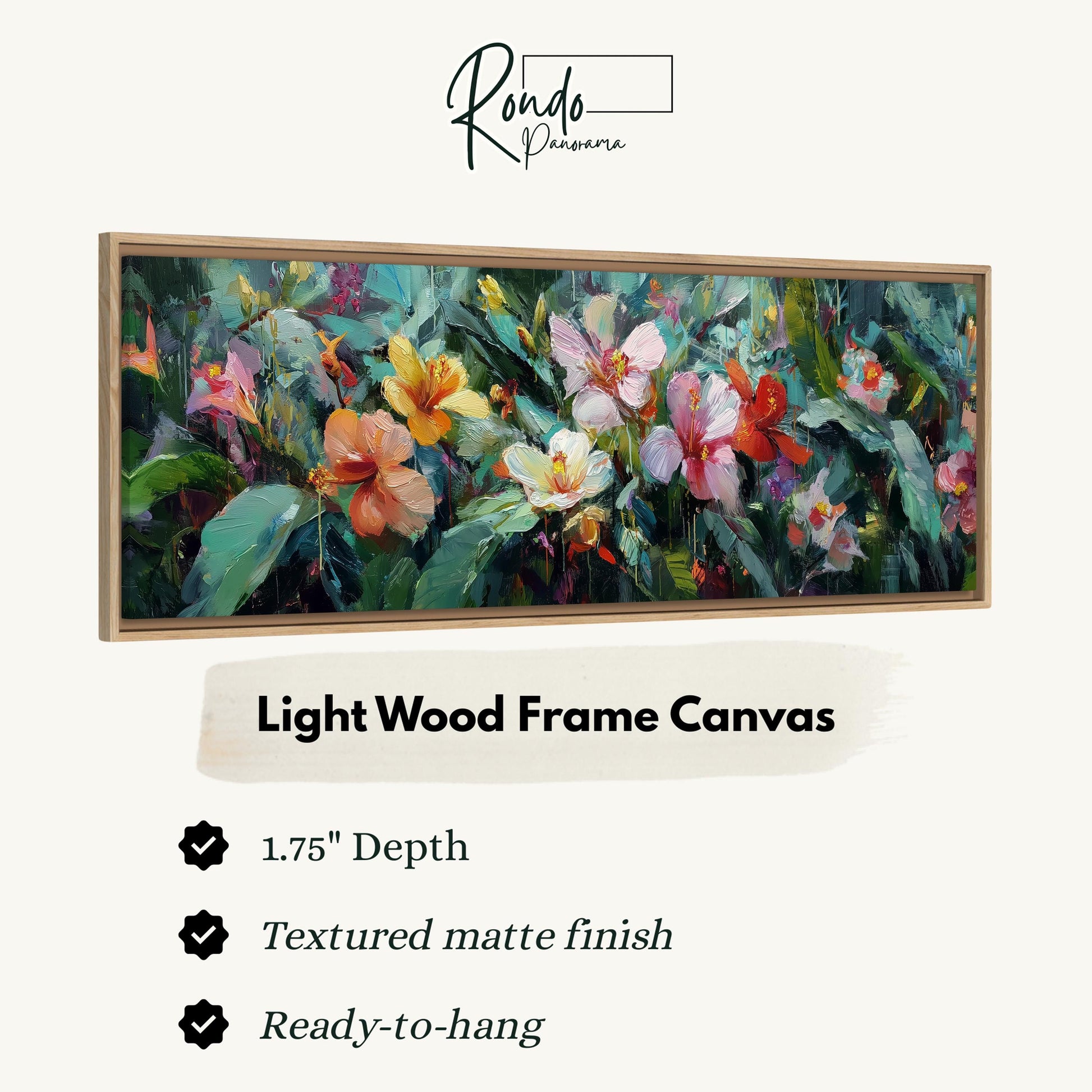 The image is a framed artwork depicting a vibrant and colorful floral scene with various types of flowers and foliage.