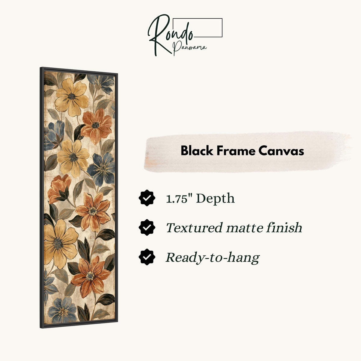 Gold and blue floral pattern canvas print in a black floating frame