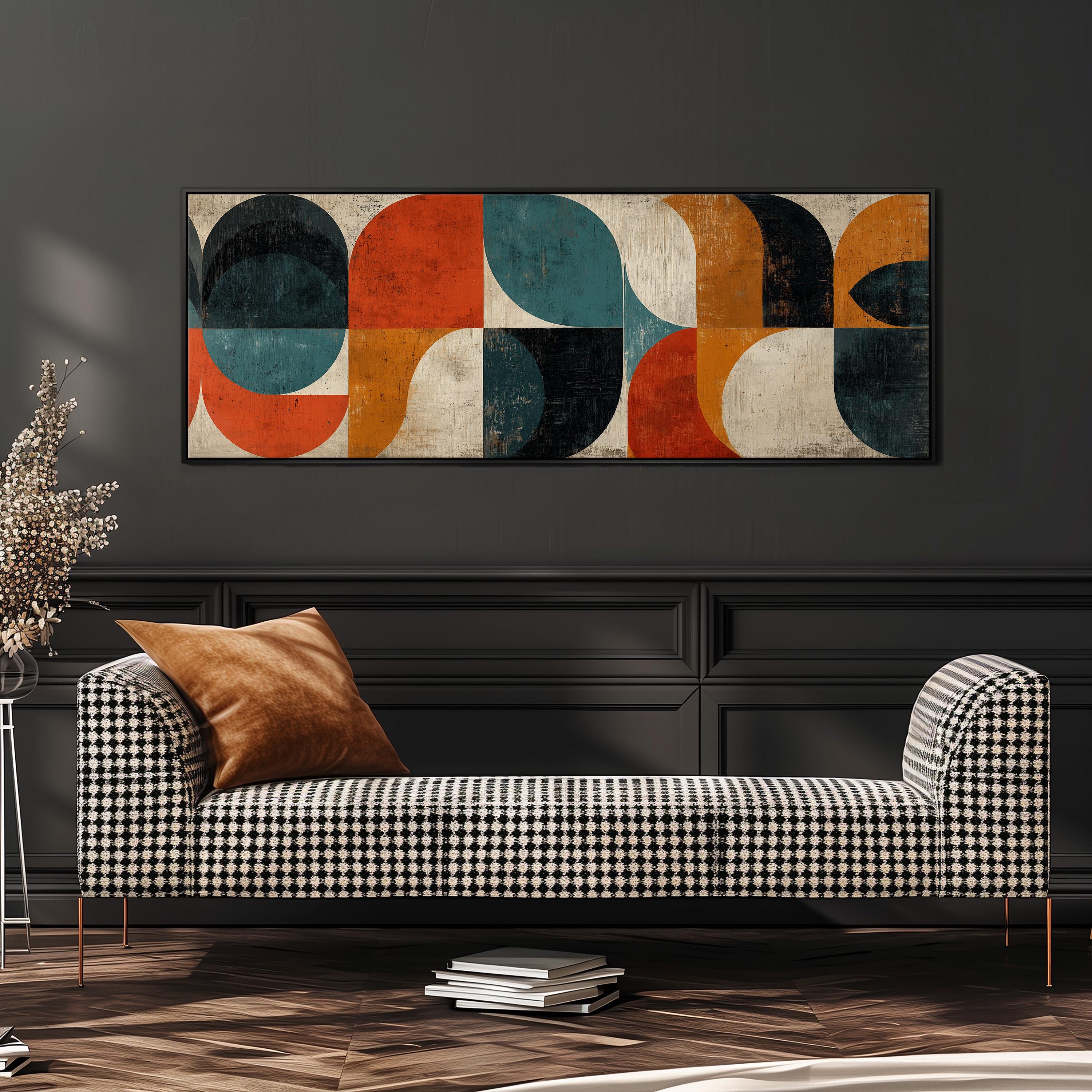 a modern living room with a black and white checkered sofa, a stack of books, and a large abstract painting on the wall.