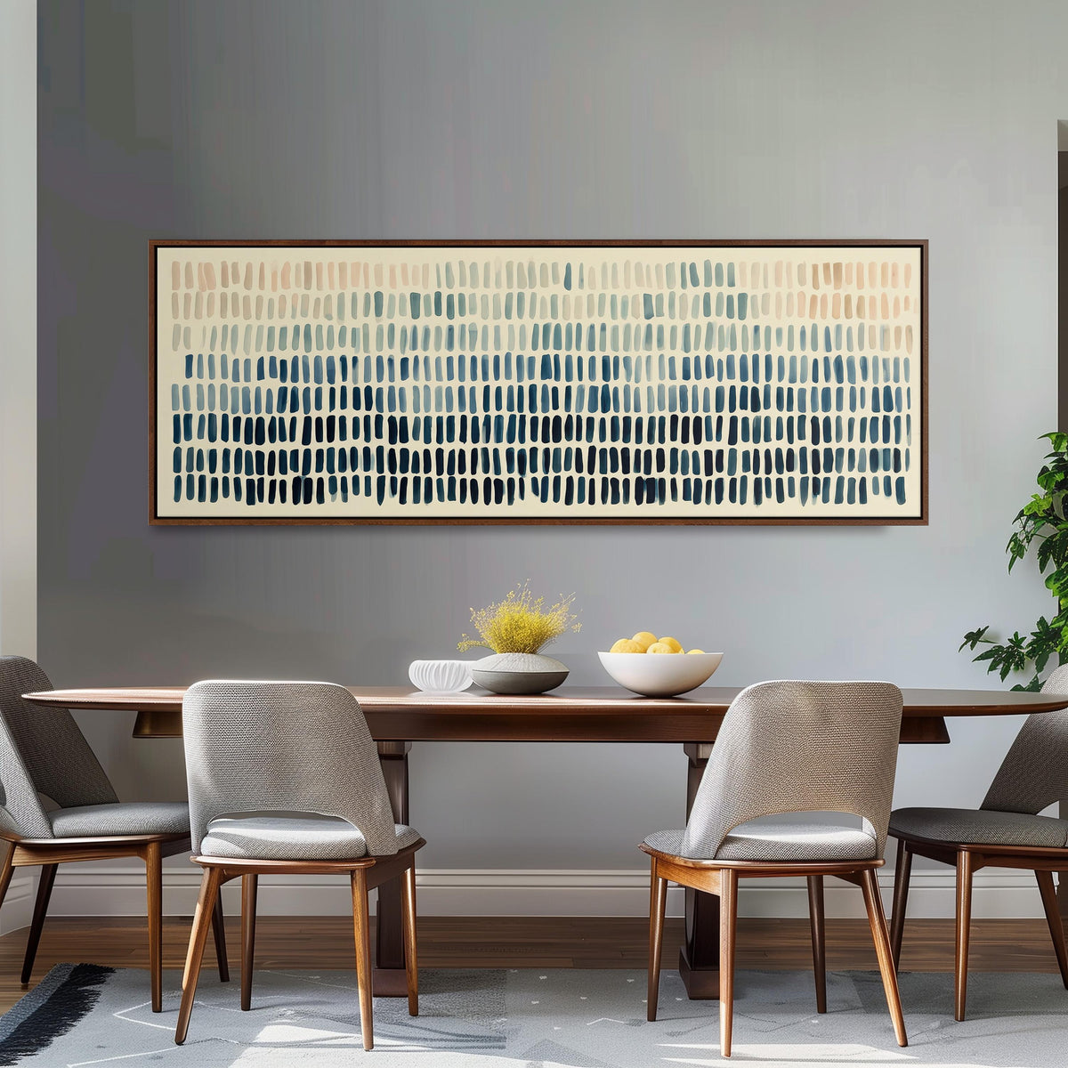 Brushmarks fading from peach to navy long horizontal canvas print above a dining table