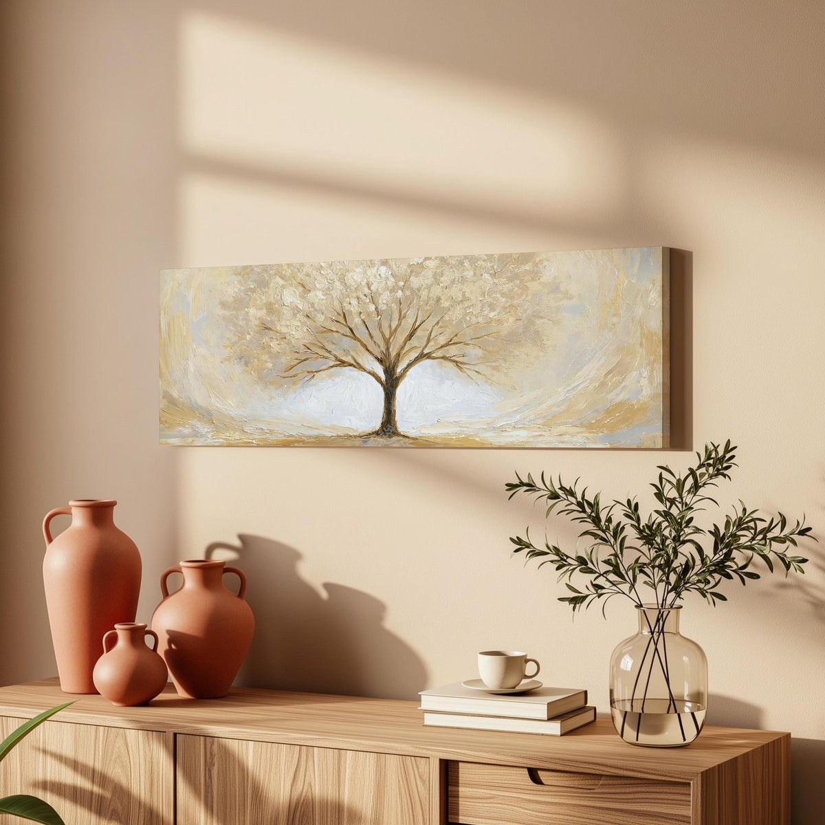 Golden winter tree long horizontal canvas print above a wooden sideboard