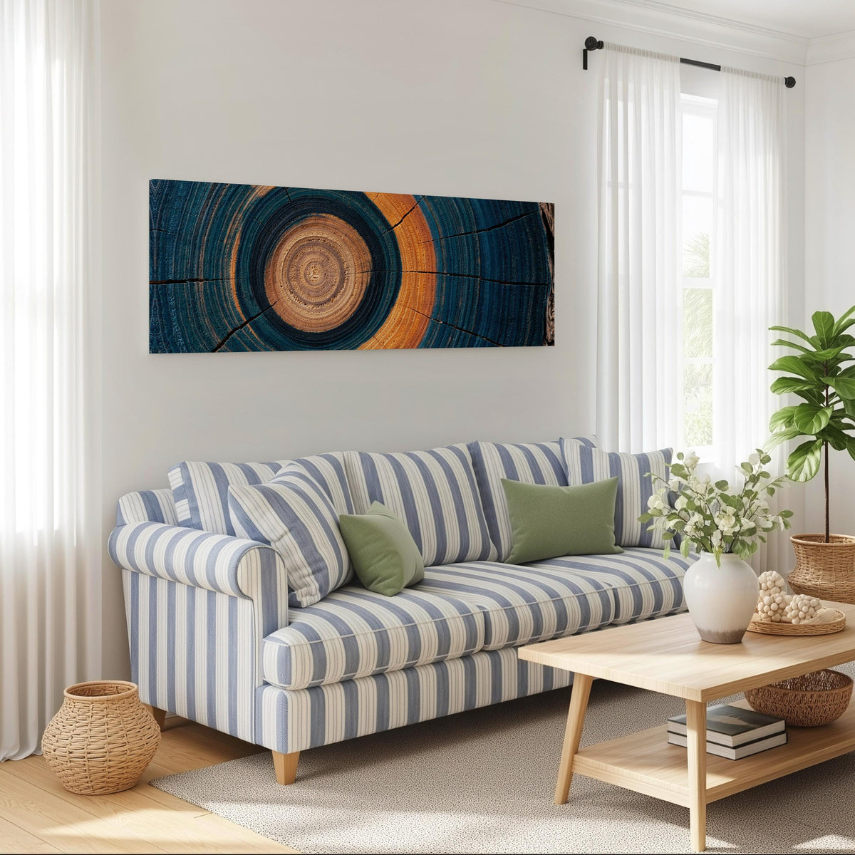 Teal and orange tree ring long horizontal canvas print above a striped sofa in a coastal living room