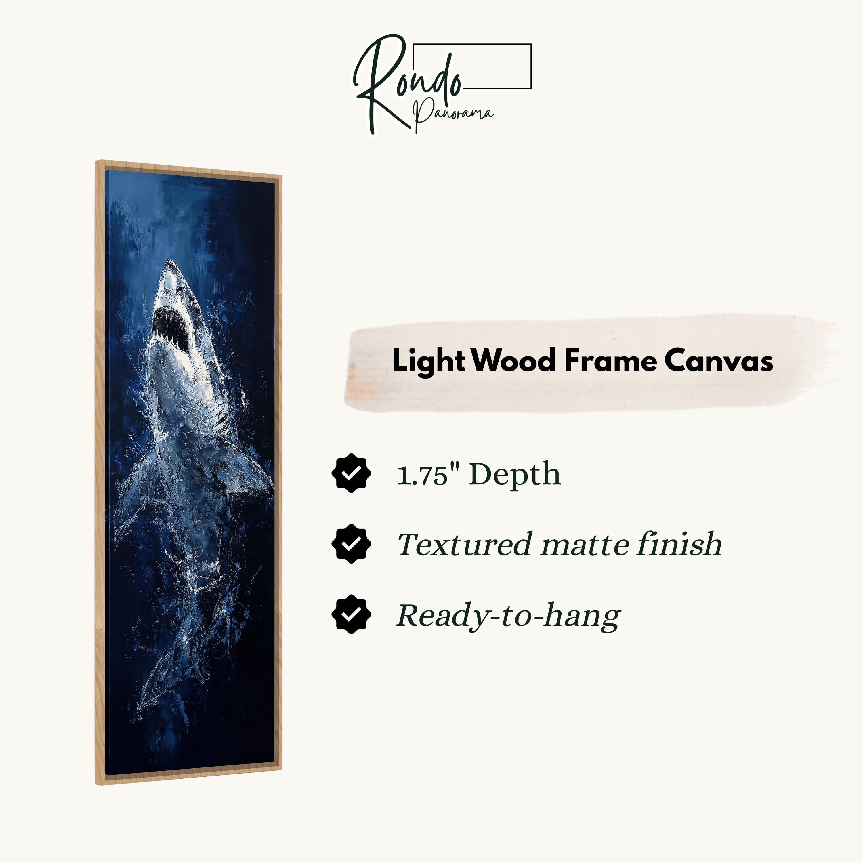 The image is a framed artwork depicting a shark in a dark blue background.