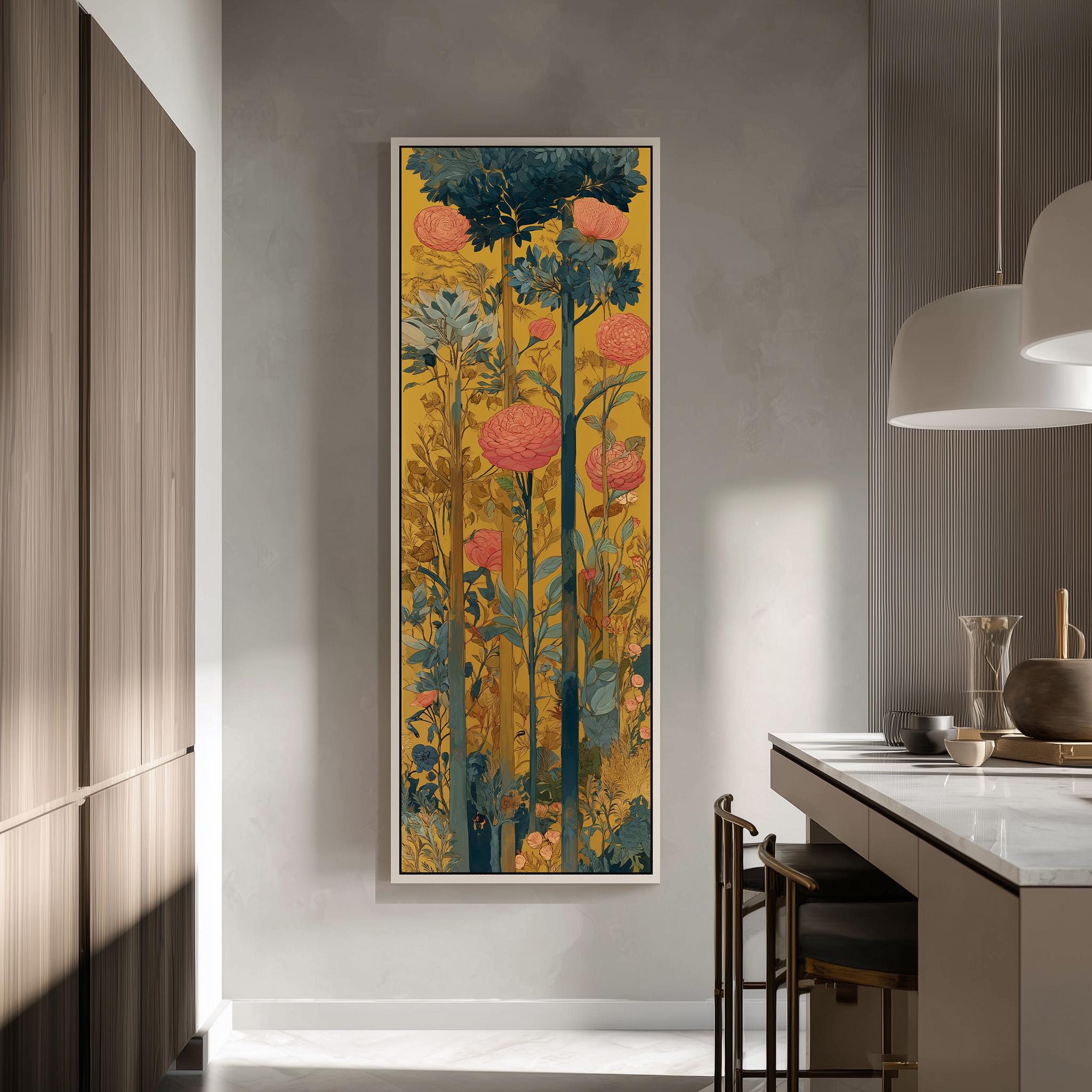 a large, colorful painting of flowers hanging on a wall in a modern kitchen.