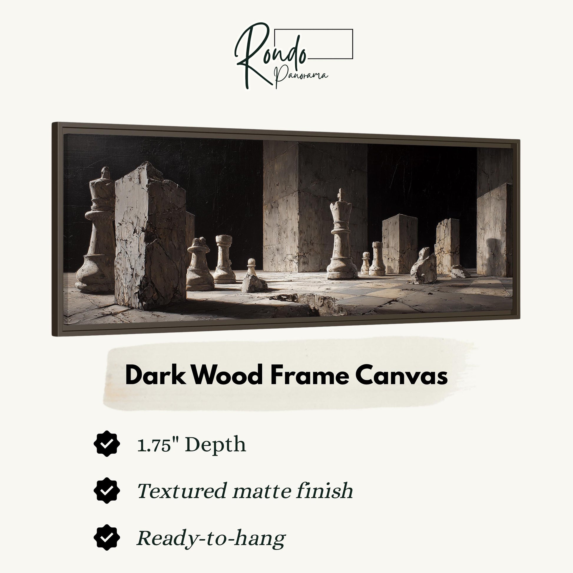 The image is a dark wood frame canvas featuring a chessboard with pieces arranged on it.