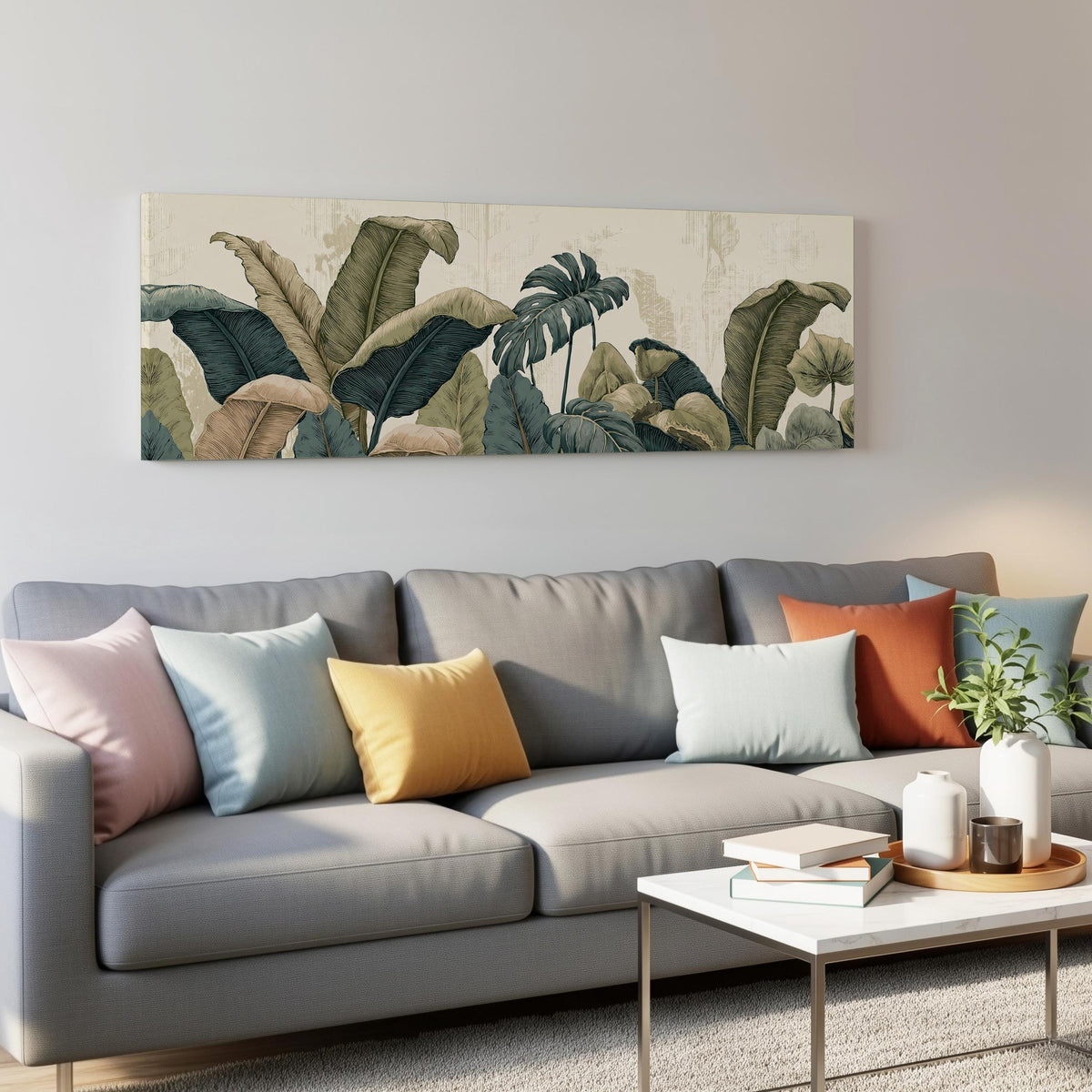Vintage tropical leaves panoramic canvas print above a grey sofa in a living room
