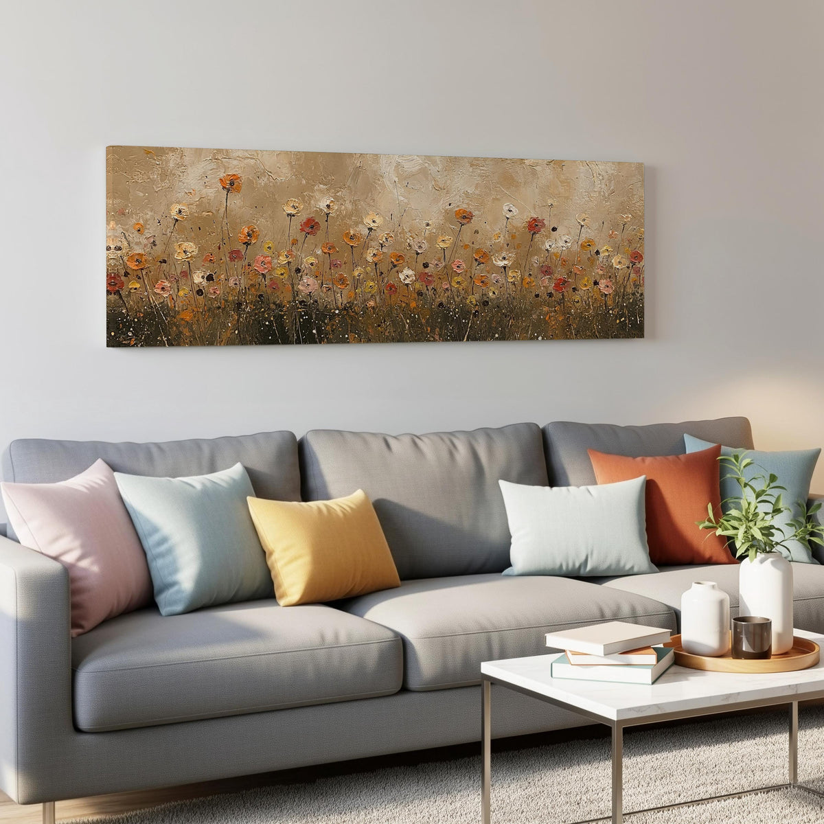 Golden wildflower field panoramic canvas print above a grey sofa in a living room
