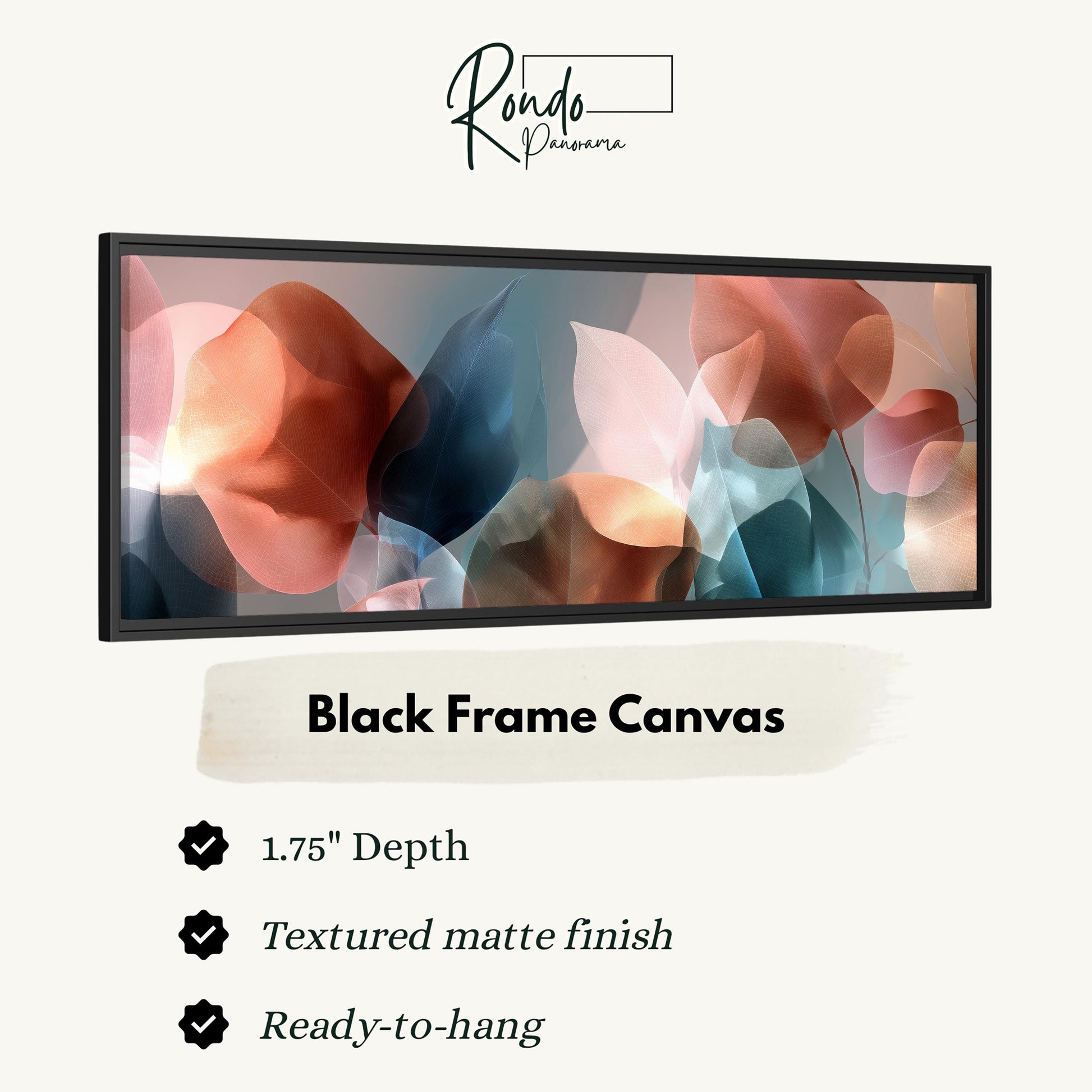 The image is a black frame canvas with a textured matte finish, measuring 1.75" in depth. It is ready to hang and has a textured matte finish.