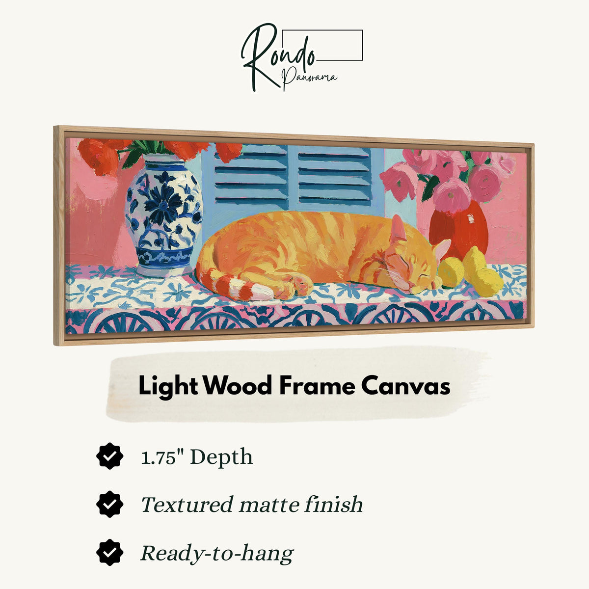 Orange cat napping on a tiled table canvas print in a light wood floating frame