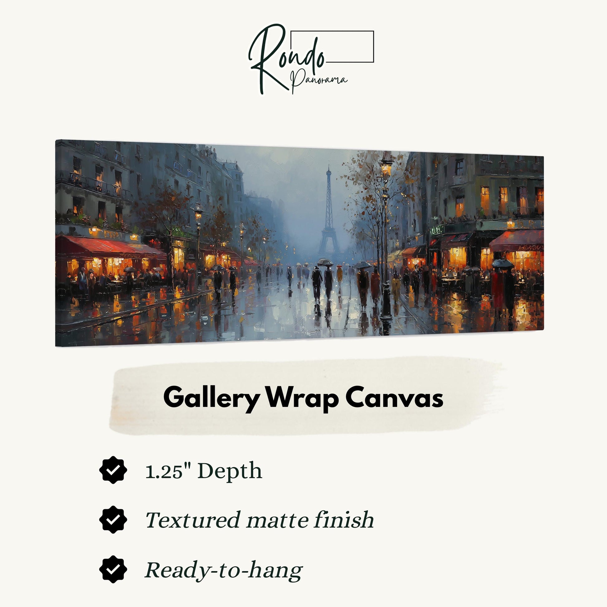 The image is a painting of a rainy city street with people walking and buildings with lit windows.