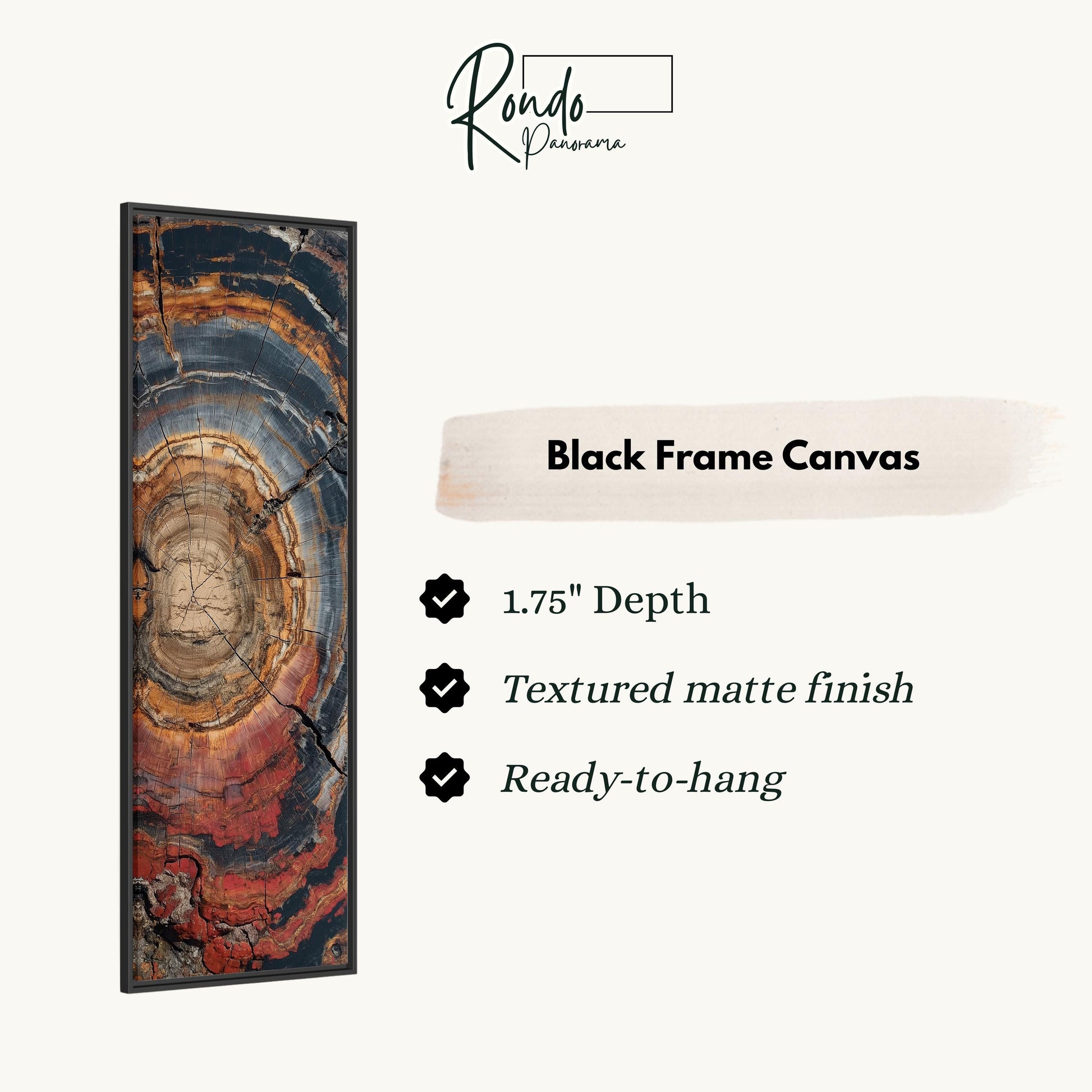 The image is a black frame canvas with a detailed abstract design featuring a spiral pattern in shades of red, orange, and blue.
