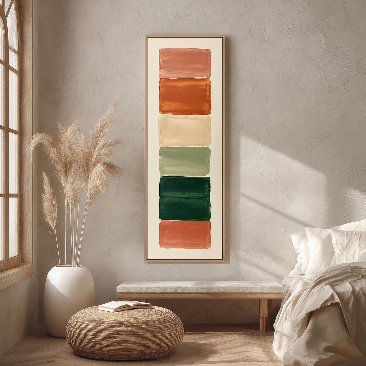 Stack of terracotta, cream and sage swatches long vertical canvas print in a bright reading corner