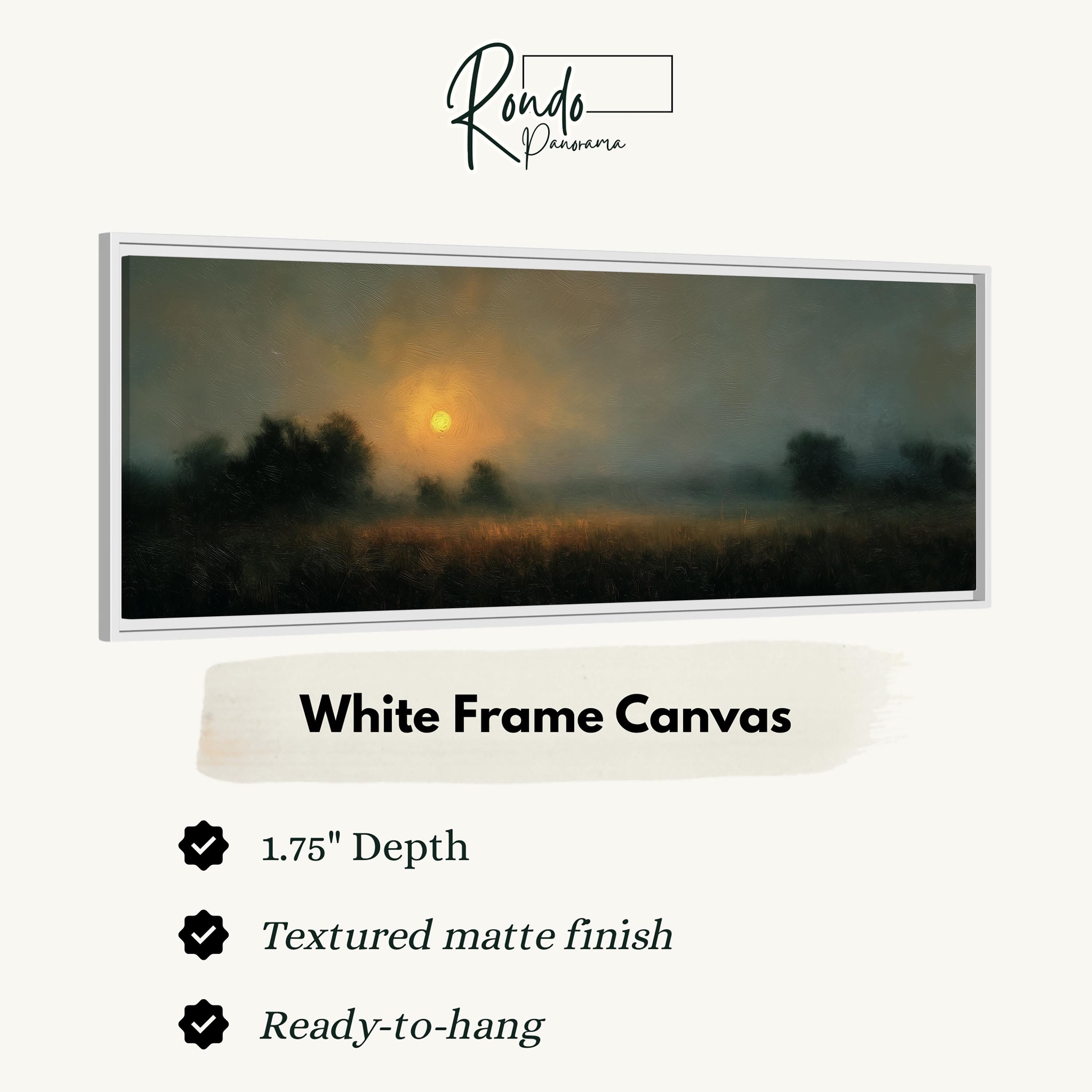 The image is a white frame canvas depicting a landscape with a sunset over a field.