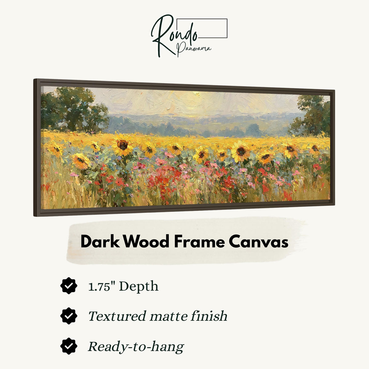 Sunflower and poppy meadow canvas print in a dark wood floating frame