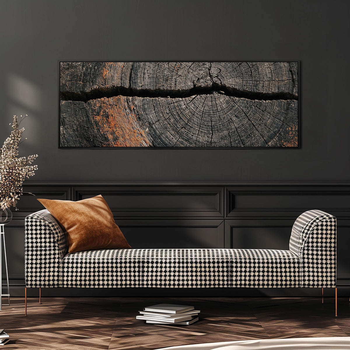 Cracked weathered wood ring wide panoramic canvas print above a bench in a dark living room