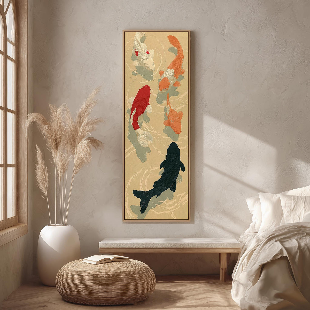 Koi fish pond long vertical canvas print in a bright reading corner