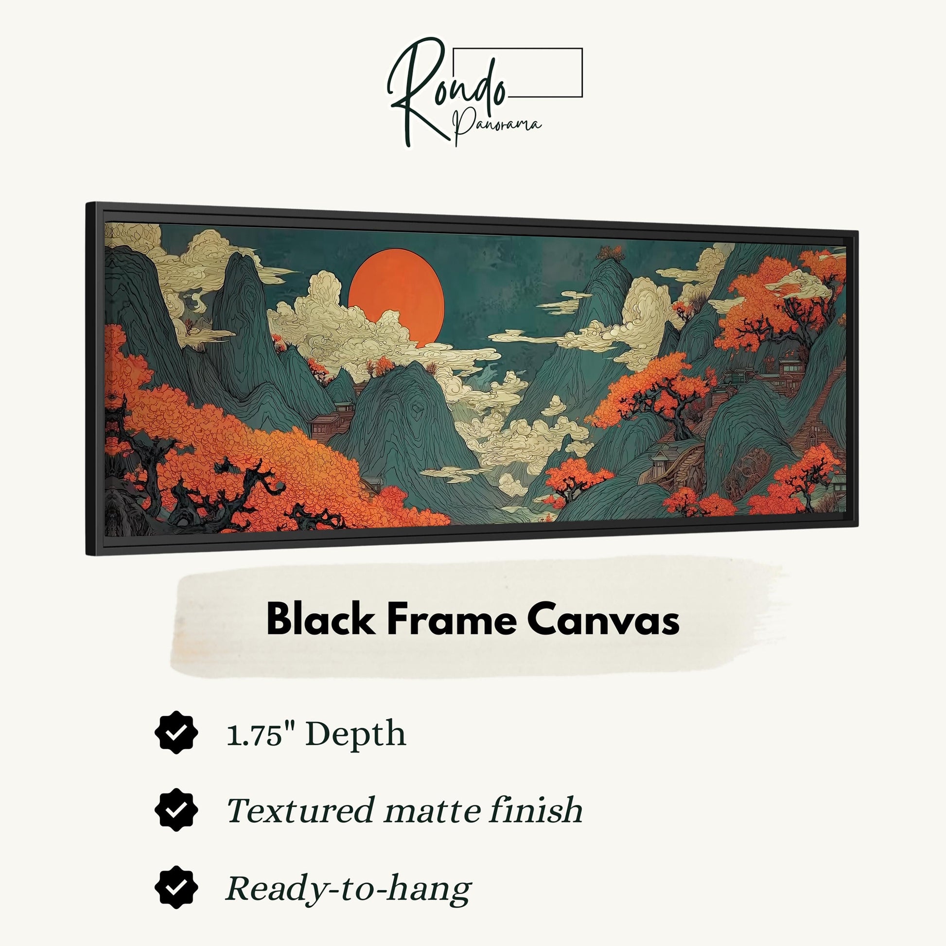 The image is a black frame canvas depicting a landscape with mountains, trees, and a large orange sun in the sky.