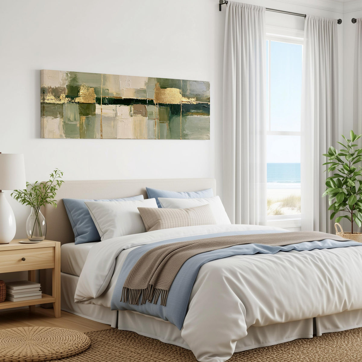 Sage and gold leaf abstract panoramic canvas print above a bed in a coastal bedroom