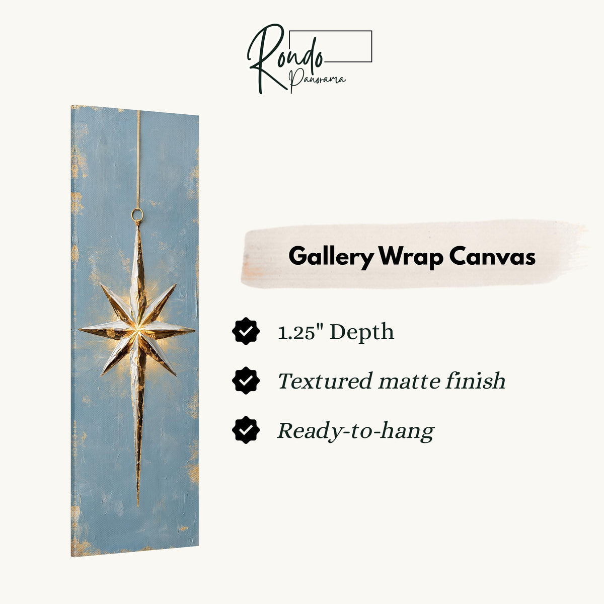 Gold and silver star ornament on blue gallery wrap canvas with the image wrapped around the edges