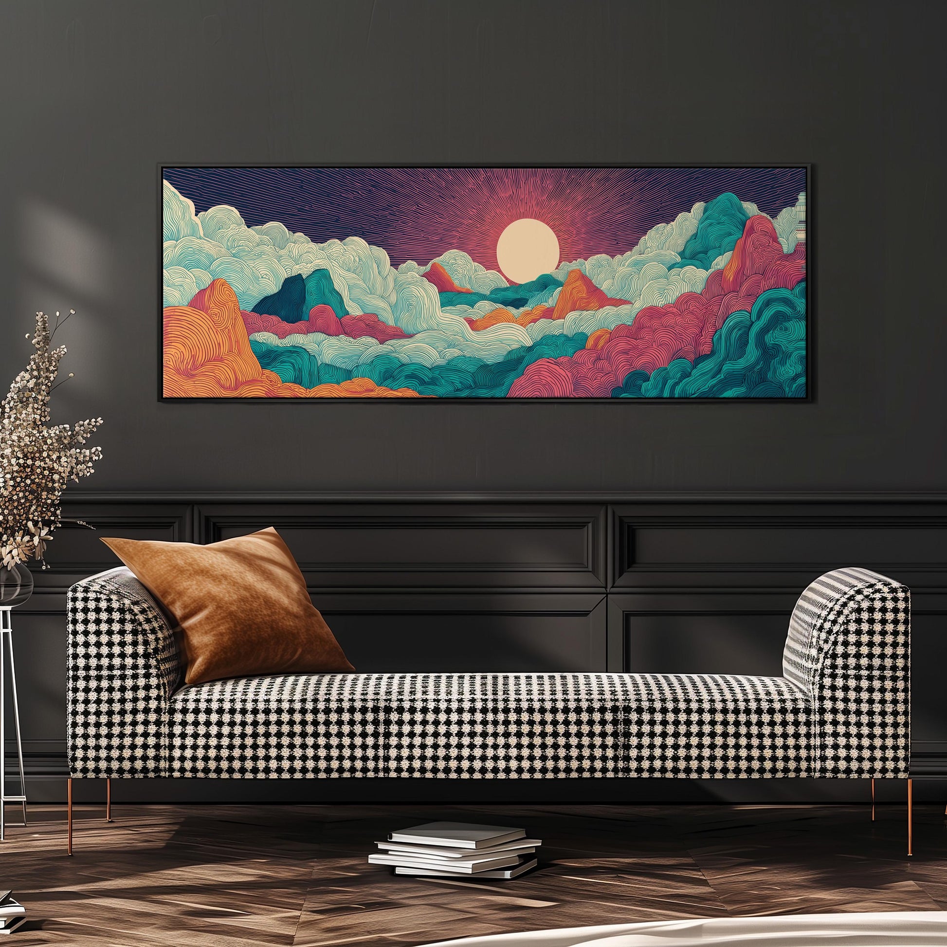 a large, colorful painting of a mountainous landscape with a bright sun in the sky, hanging on a wall above a black and white checkered sofa.
